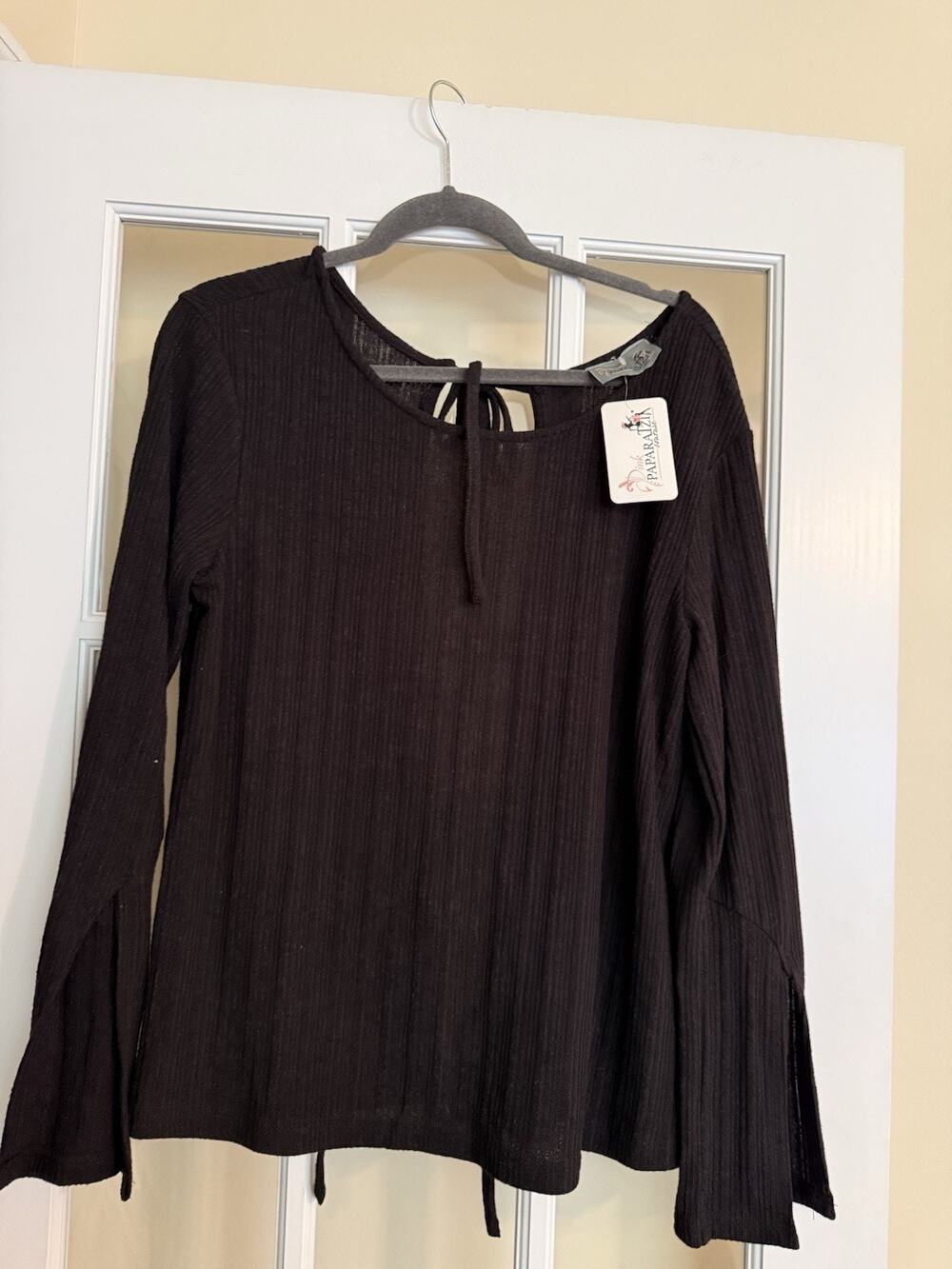 NEW Boutique Black Knit Blouse Flare Sleeves Tie Back Y2K Large Unique Black